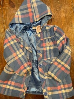Disney Blue Plaid Hooded Pea Coat with Pink & Cream Accents